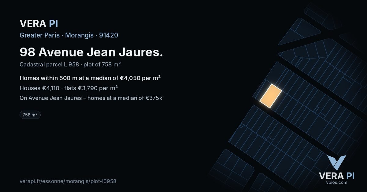 98 Avenue Jean Jaures, Morangis at night – the plot lit, the parcels around coloured by the prices near them