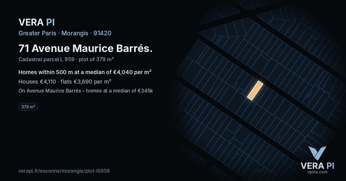 71 Avenue Maurice Barrés, Morangis at night – the plot lit, the parcels around coloured by the prices near them
