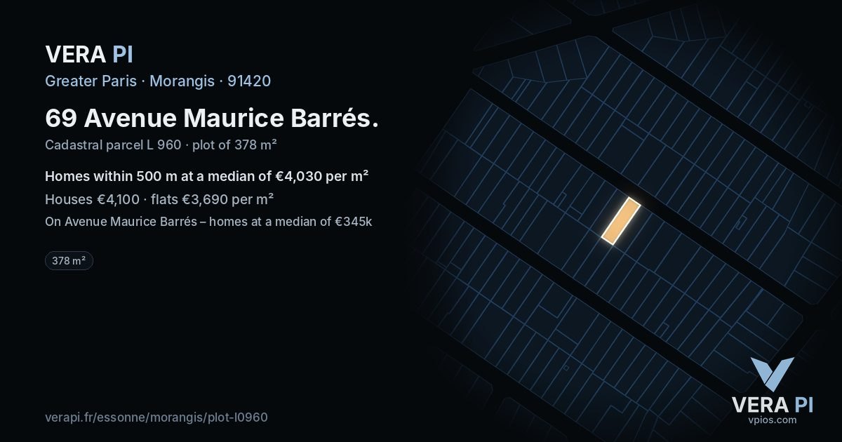 69 Avenue Maurice Barrés, Morangis at night – the plot lit, the parcels around coloured by the prices near them