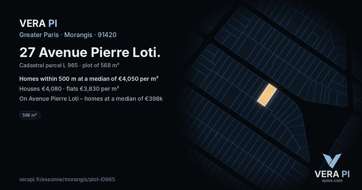 27 Avenue Pierre Loti, Morangis at night – the plot lit, the parcels around coloured by the prices near them