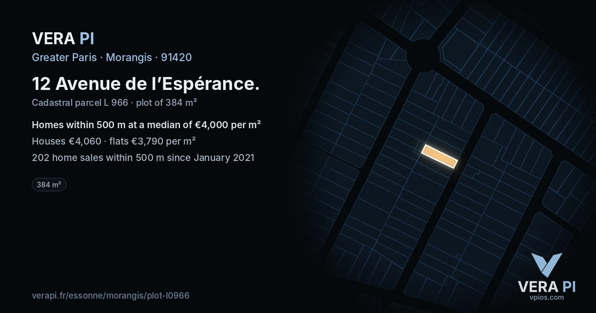 12 Avenue de l’Espérance, Morangis at night – the plot lit, the parcels around coloured by the prices near them