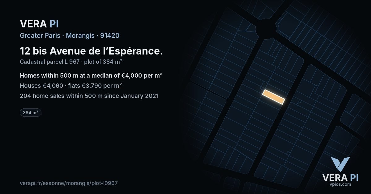 12 bis Avenue de l’Espérance, Morangis at night – the plot lit, the parcels around coloured by the prices near them