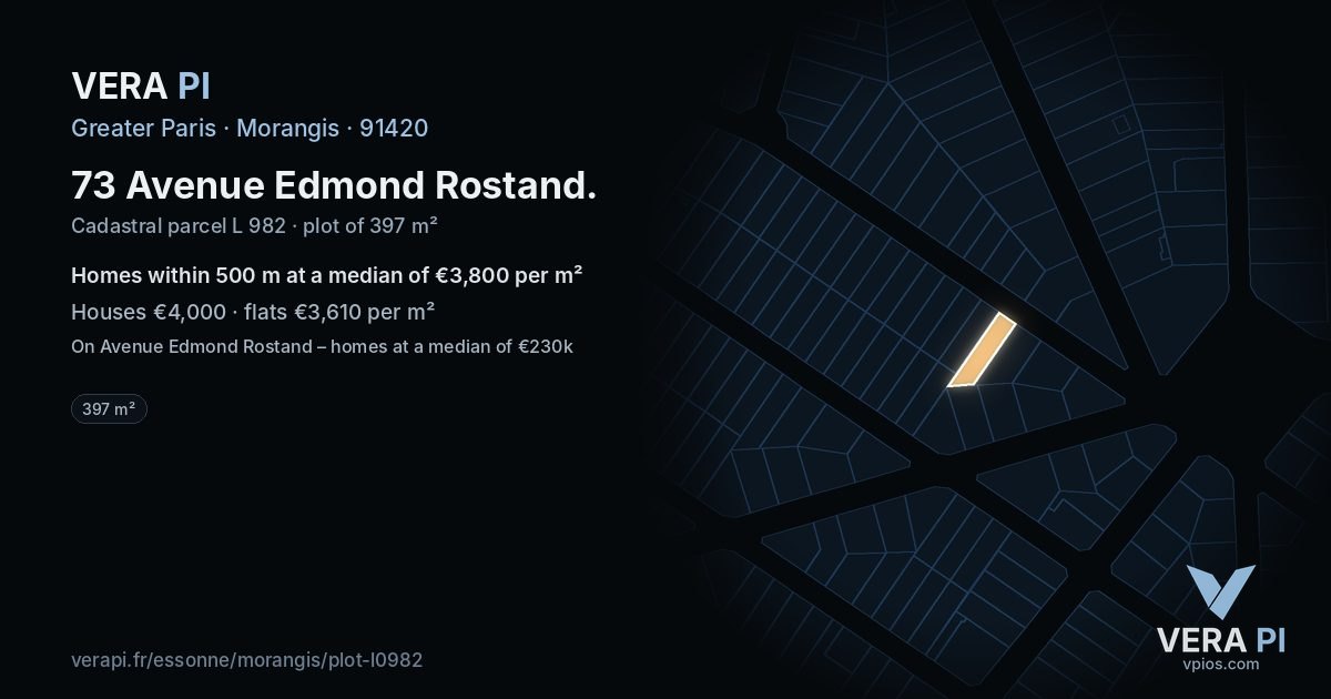 73 Avenue Edmond Rostand, Morangis at night – the plot lit, the parcels around coloured by the prices near them