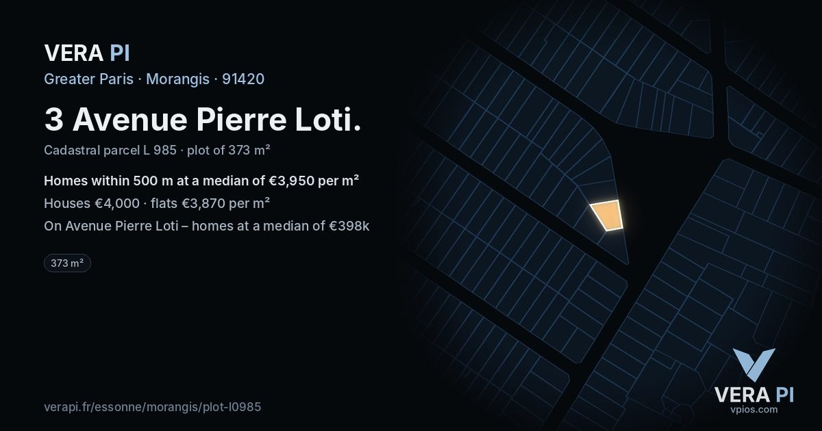 3 Avenue Pierre Loti, Morangis at night – the plot lit, the parcels around coloured by the prices near them