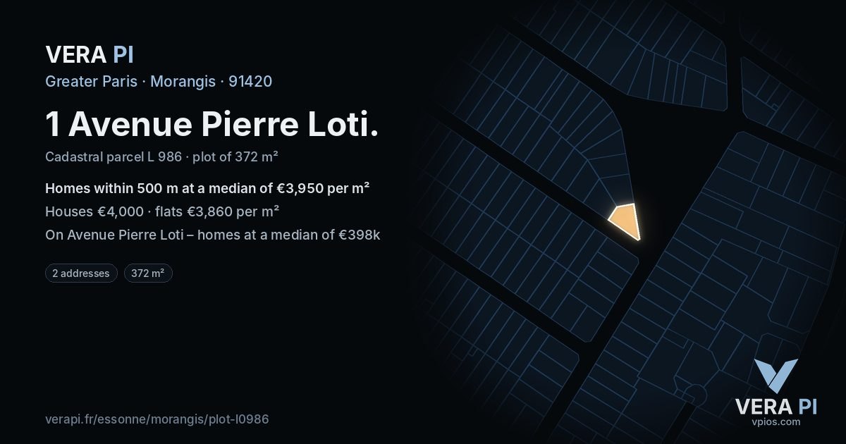 1 Avenue Pierre Loti, Morangis at night – the plot lit, the parcels around coloured by the prices near them