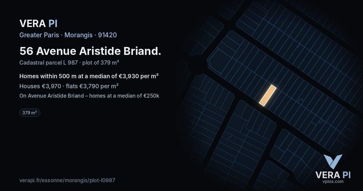 56 Avenue Aristide Briand, Morangis at night – the plot lit, the parcels around coloured by the prices near them