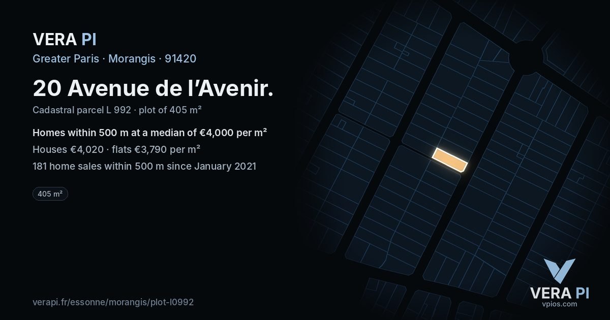 20 Avenue de l’Avenir, Morangis at night – the plot lit, the parcels around coloured by the prices near them