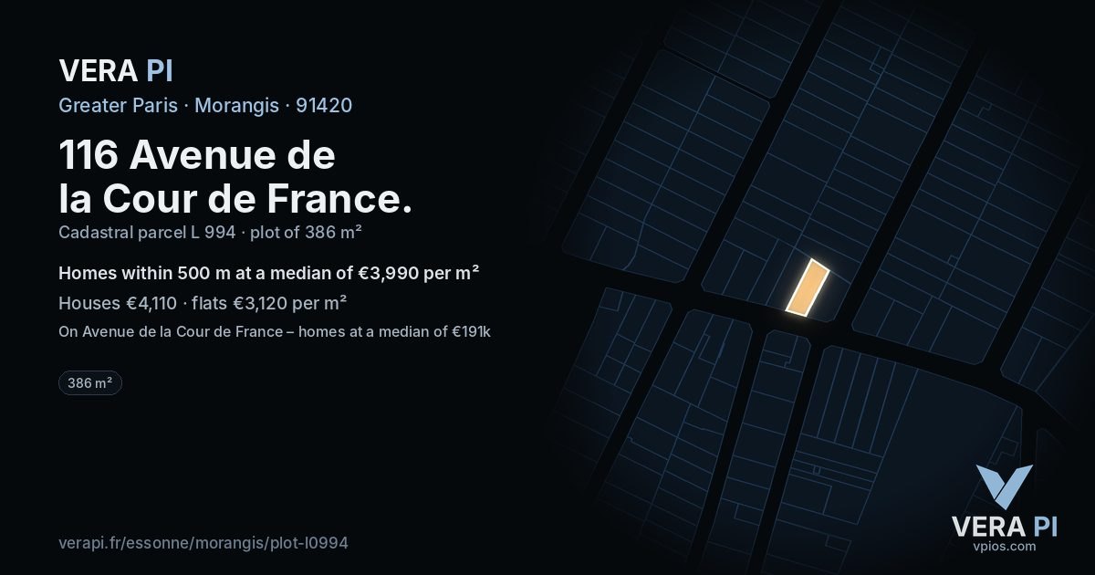 116 Avenue de la Cour de France, Morangis at night – the plot lit, the parcels around coloured by the prices near them