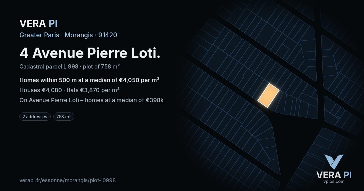 4 Avenue Pierre Loti, Morangis at night – the plot lit, the parcels around coloured by the prices near them