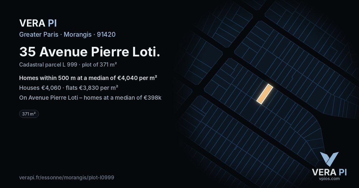 35 Avenue Pierre Loti, Morangis at night – the plot lit, the parcels around coloured by the prices near them