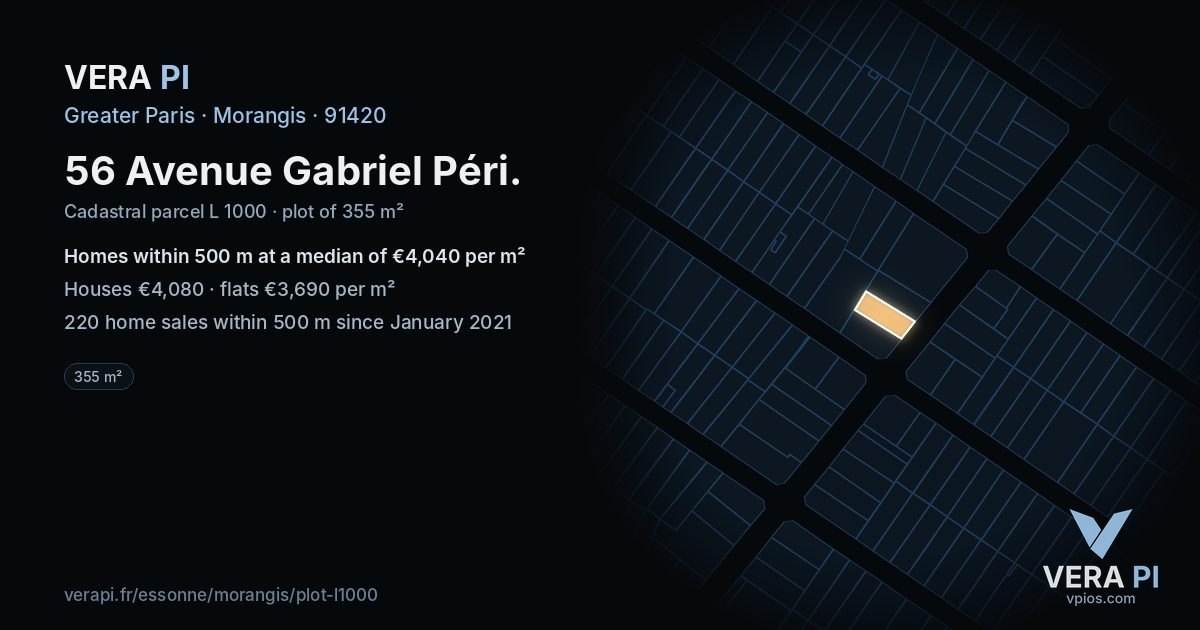 56 Avenue Gabriel Péri, Morangis at night – the plot lit, the parcels around coloured by the prices near them