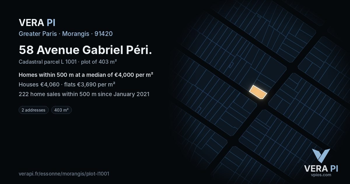 58 Avenue Gabriel Péri, Morangis at night – the plot lit, the parcels around coloured by the prices near them