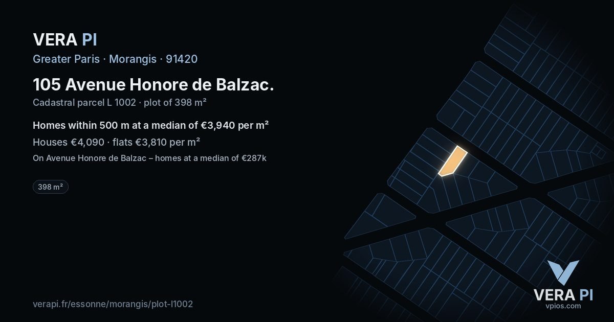 105 Avenue Honore de Balzac, Morangis at night – the plot lit, the parcels around coloured by the prices near them