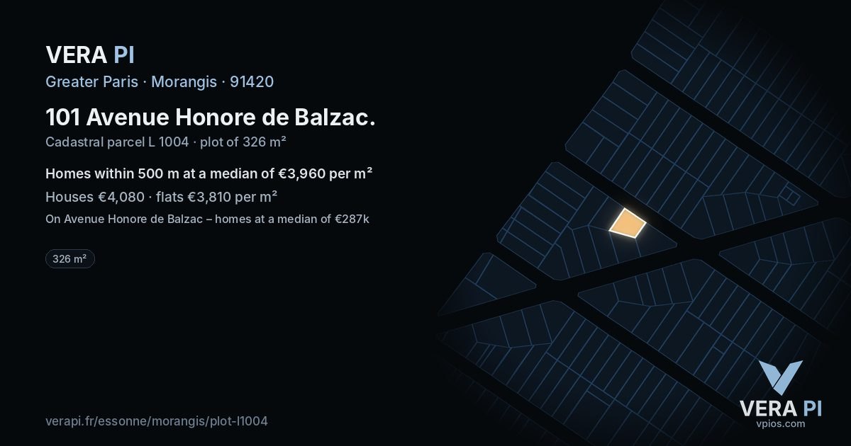 101 Avenue Honore de Balzac, Morangis at night – the plot lit, the parcels around coloured by the prices near them