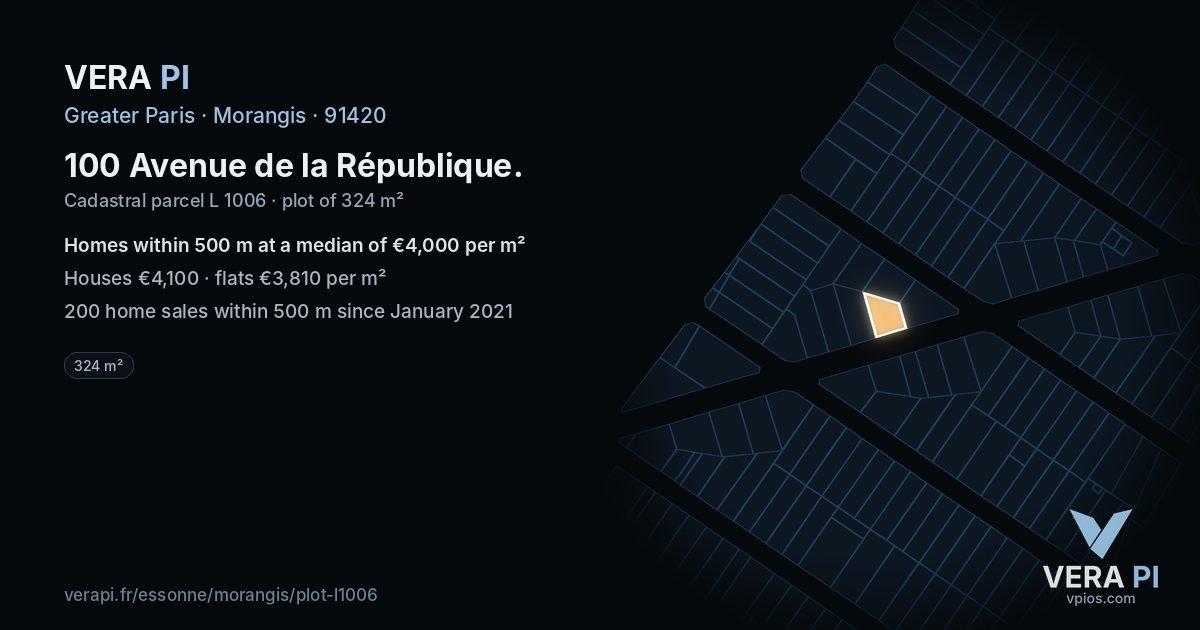100 Avenue de la République, Morangis at night – the plot lit, the parcels around coloured by the prices near them