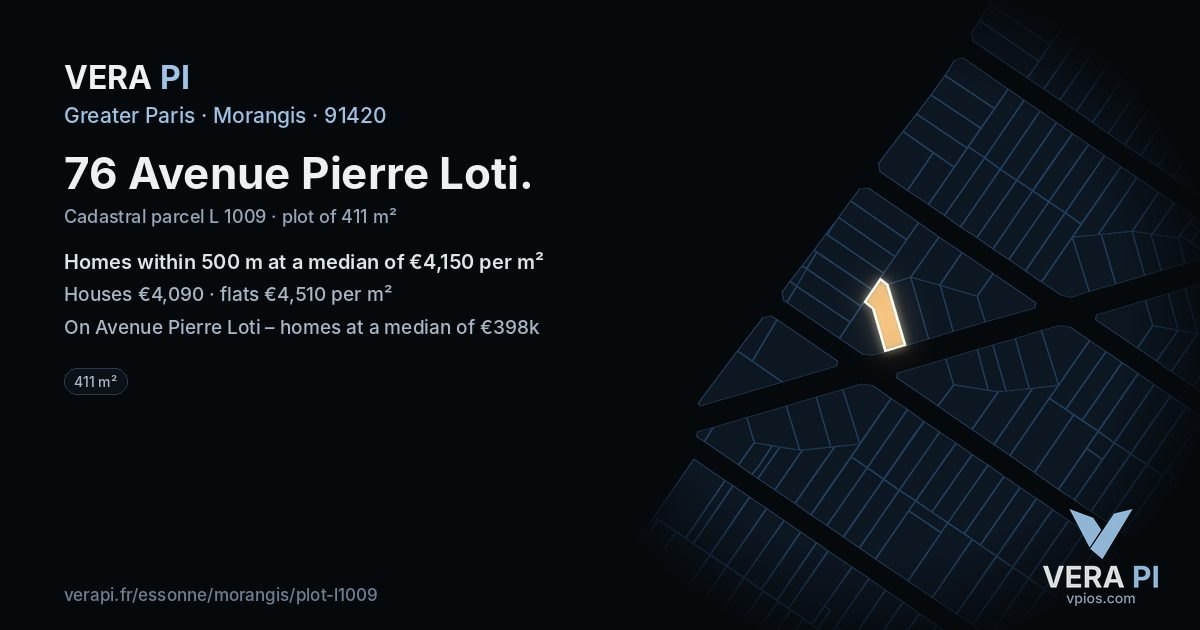 76 Avenue Pierre Loti, Morangis at night – the plot lit, the parcels around coloured by the prices near them