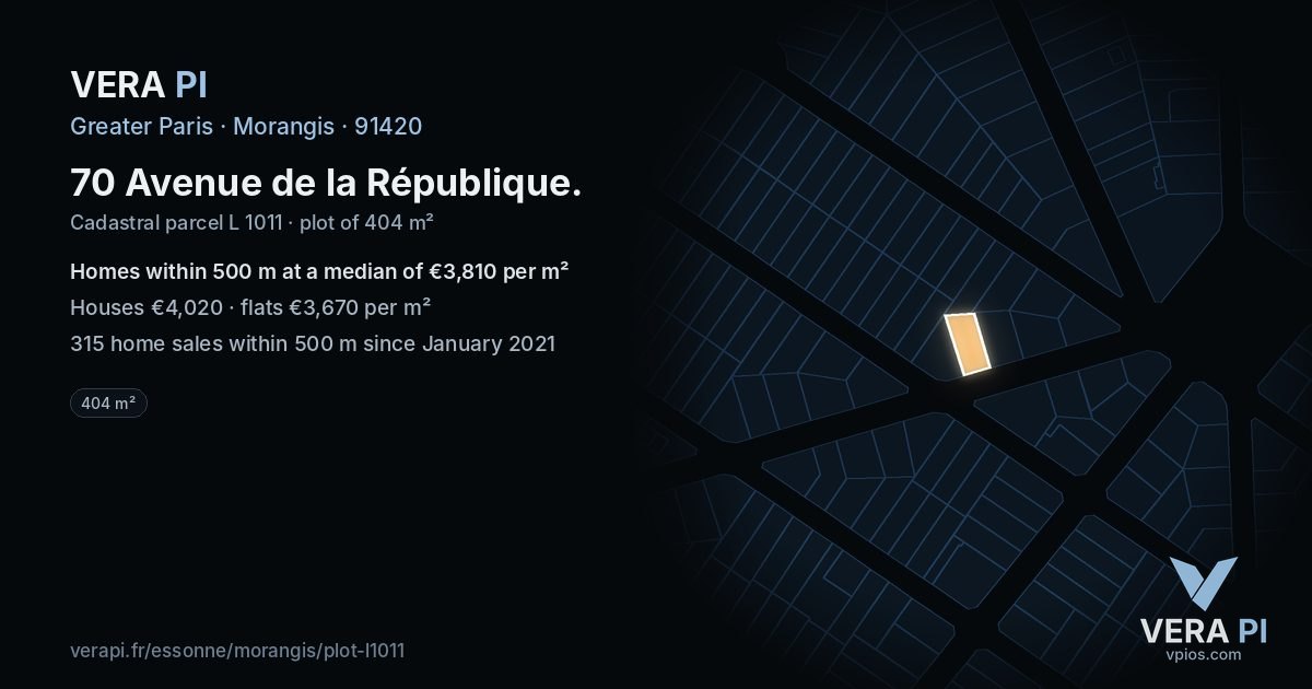 70 Avenue de la République, Morangis at night – the plot lit, the parcels around coloured by the prices near them
