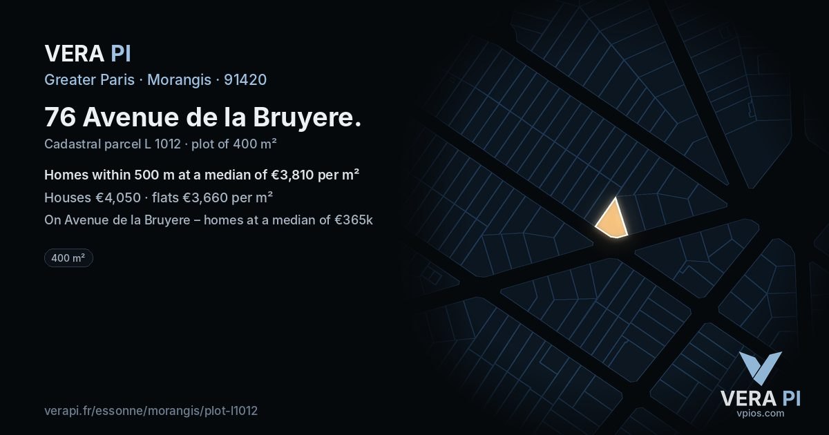 76 Avenue de la Bruyere, Morangis at night – the plot lit, the parcels around coloured by the prices near them
