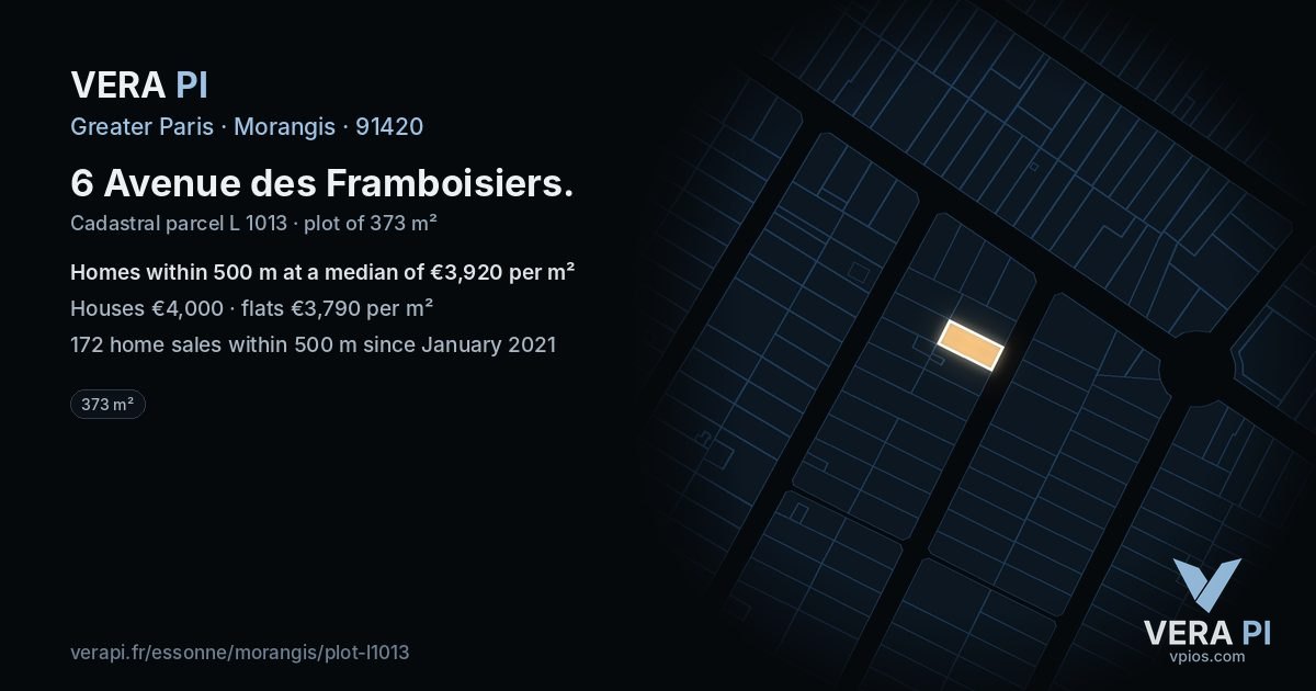 6 Avenue des Framboisiers, Morangis at night – the plot lit, the parcels around coloured by the prices near them