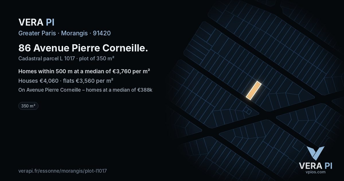 86 Avenue Pierre Corneille, Morangis at night – the plot lit, the parcels around coloured by the prices near them