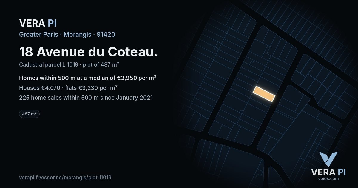 18 Avenue du Coteau, Morangis at night – the plot lit, the parcels around coloured by the prices near them