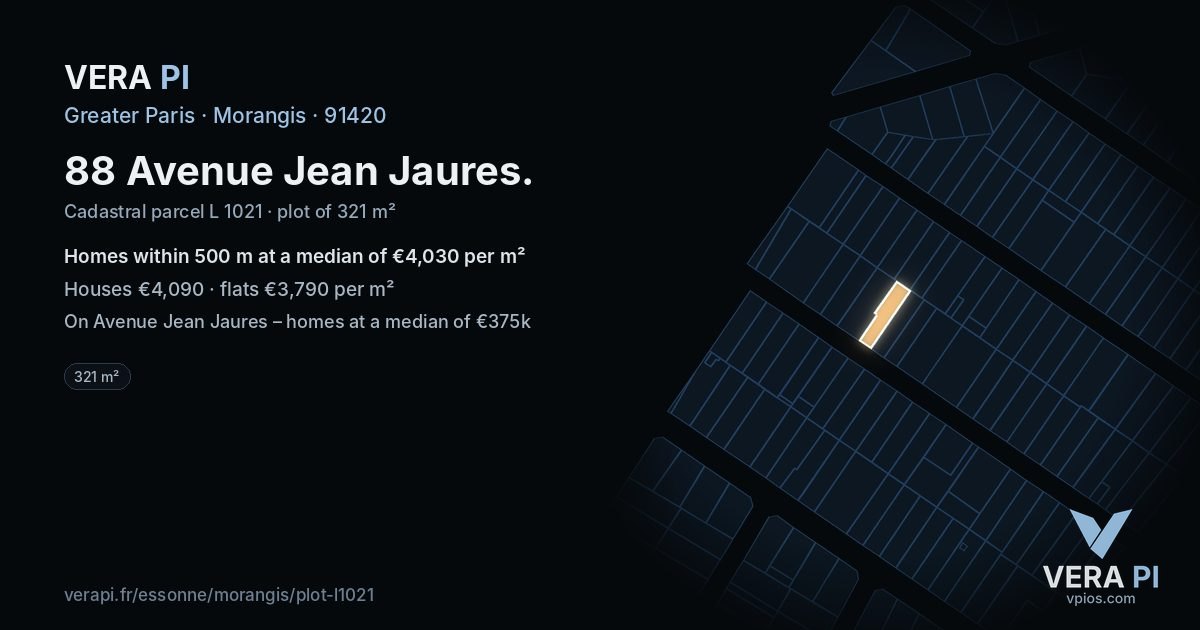 88 Avenue Jean Jaures, Morangis at night – the plot lit, the parcels around coloured by the prices near them