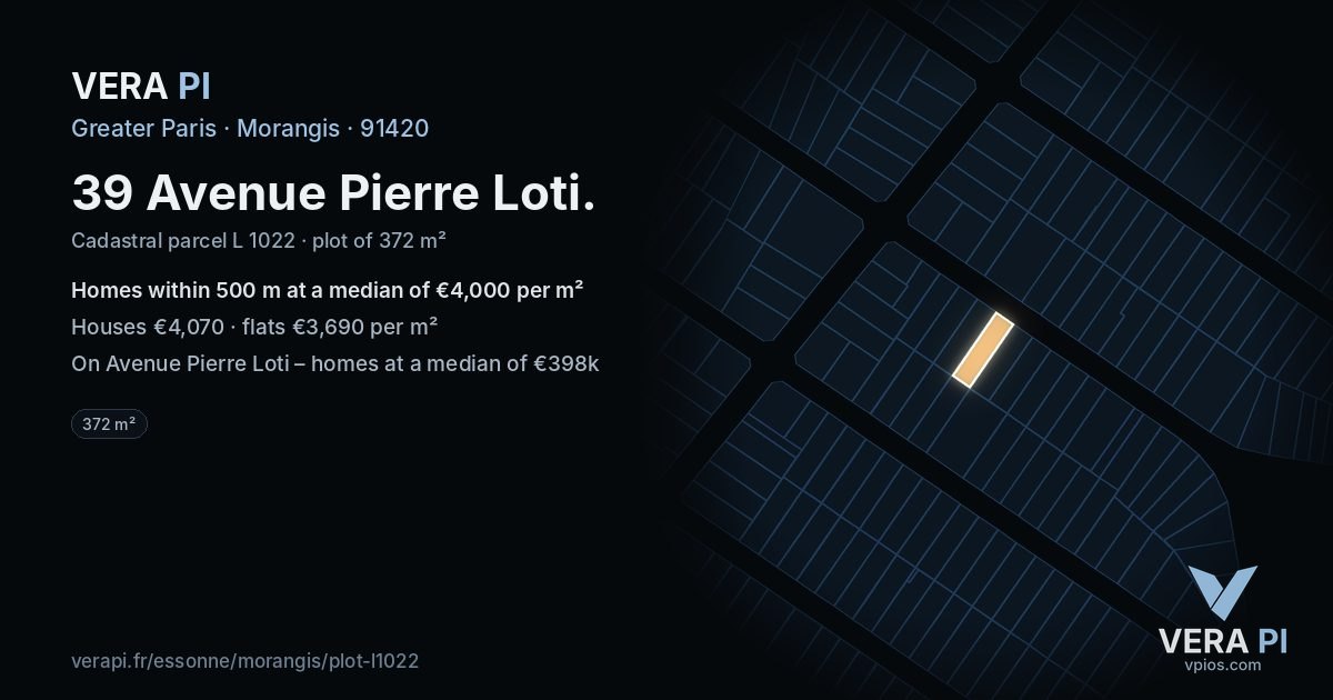 39 Avenue Pierre Loti, Morangis at night – the plot lit, the parcels around coloured by the prices near them