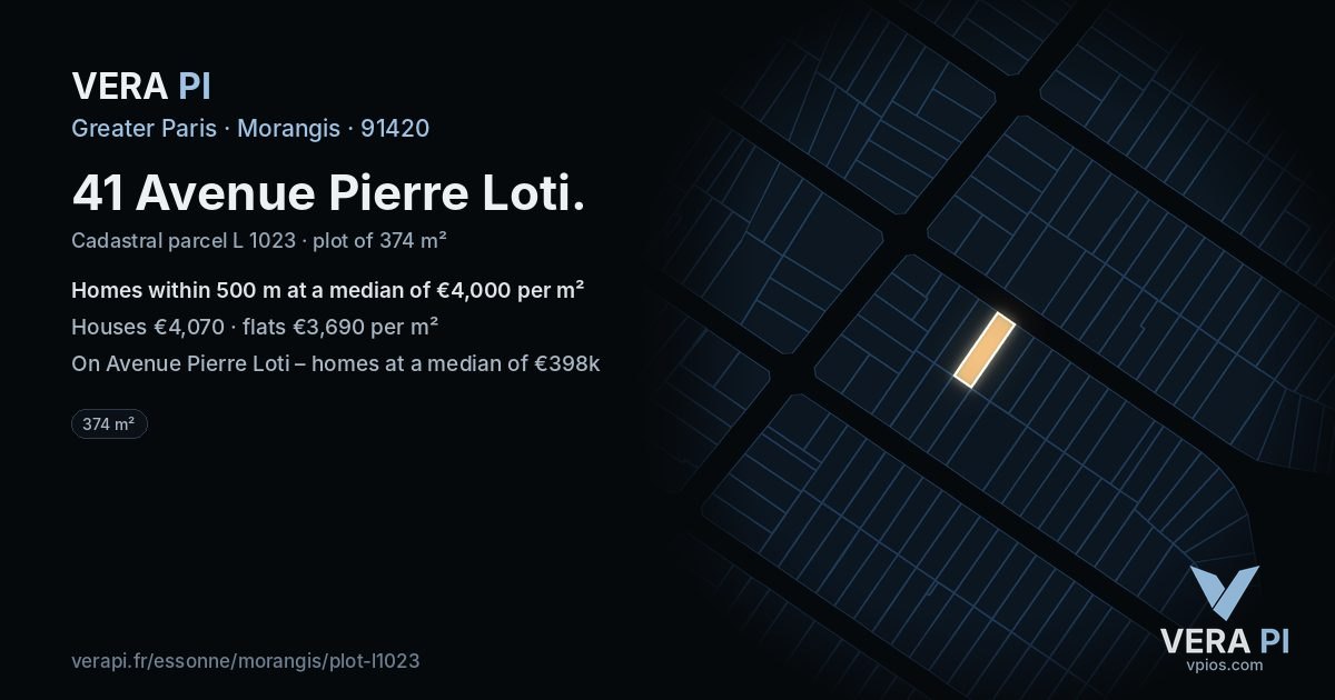 41 Avenue Pierre Loti, Morangis at night – the plot lit, the parcels around coloured by the prices near them