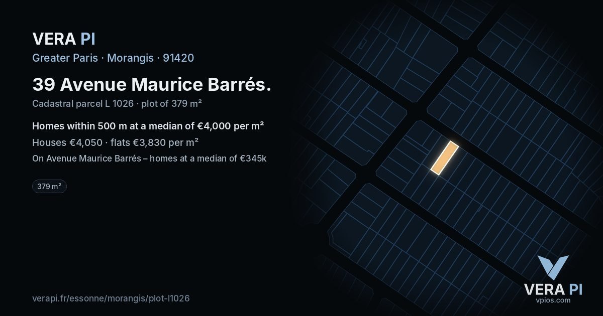 39 Avenue Maurice Barrés, Morangis at night – the plot lit, the parcels around coloured by the prices near them