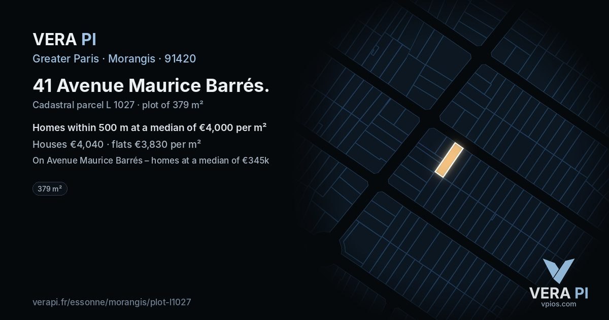41 Avenue Maurice Barrés, Morangis at night – the plot lit, the parcels around coloured by the prices near them