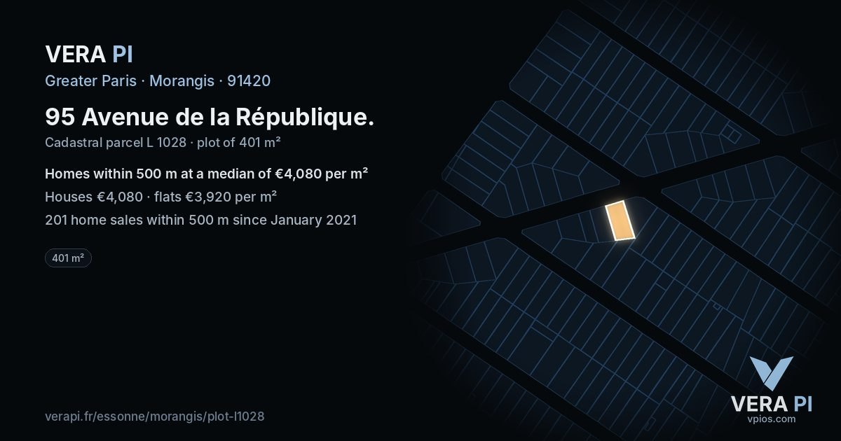 95 Avenue de la République, Morangis at night – the plot lit, the parcels around coloured by the prices near them