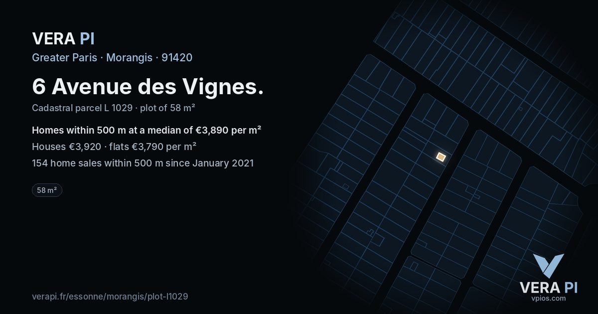 6 Avenue des Vignes, Morangis at night – the plot lit, the parcels around coloured by the prices near them