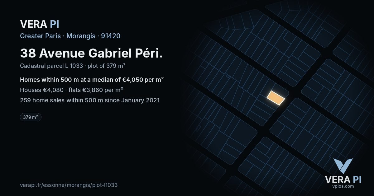 38 Avenue Gabriel Péri, Morangis at night – the plot lit, the parcels around coloured by the prices near them