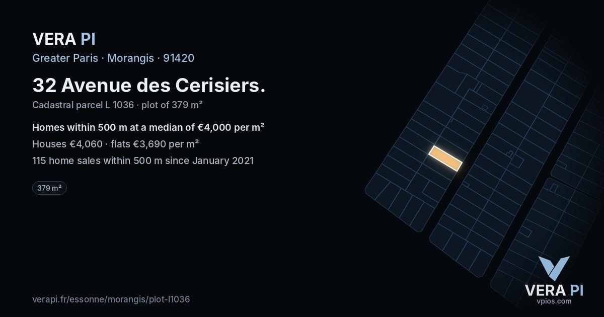 32 Avenue des Cerisiers, Morangis at night – the plot lit, the parcels around coloured by the prices near them