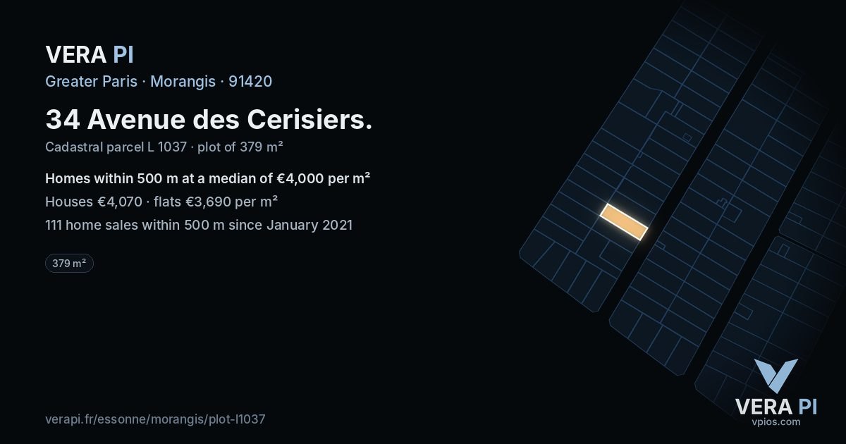 34 Avenue des Cerisiers, Morangis at night – the plot lit, the parcels around coloured by the prices near them
