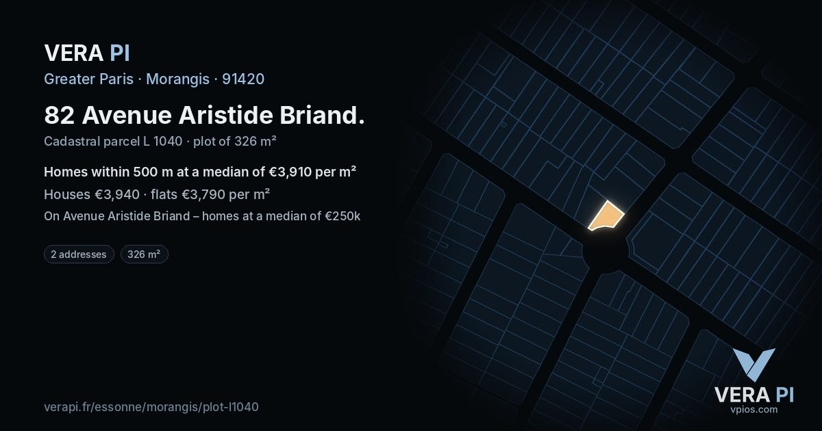 82 Avenue Aristide Briand, Morangis at night – the plot lit, the parcels around coloured by the prices near them