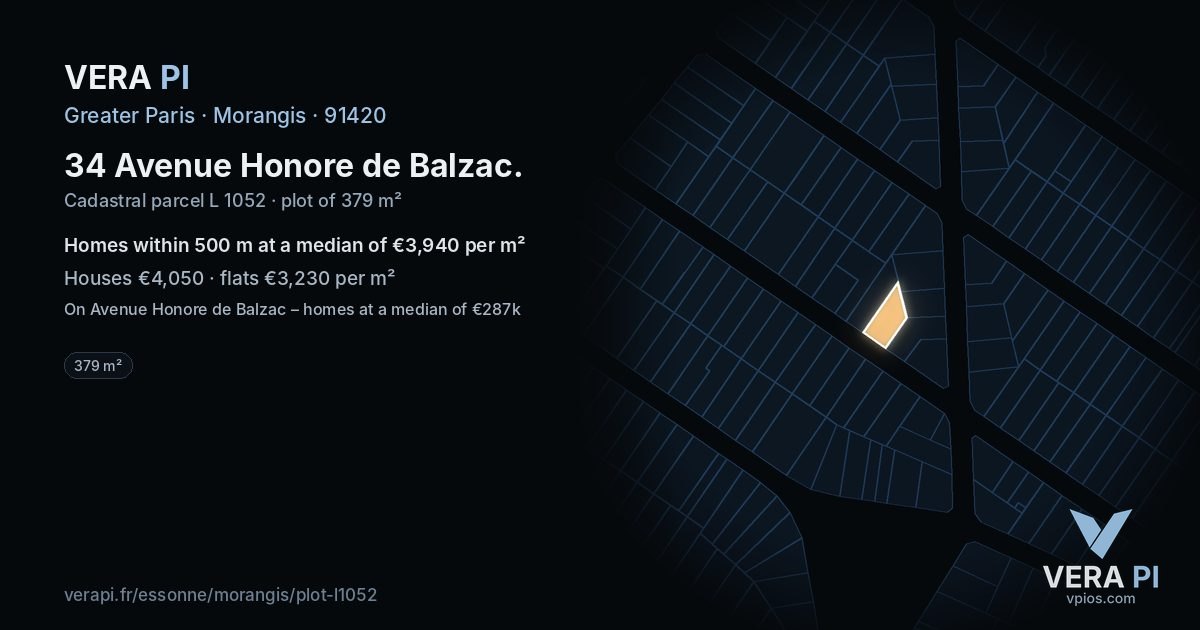34 Avenue Honore de Balzac, Morangis at night – the plot lit, the parcels around coloured by the prices near them