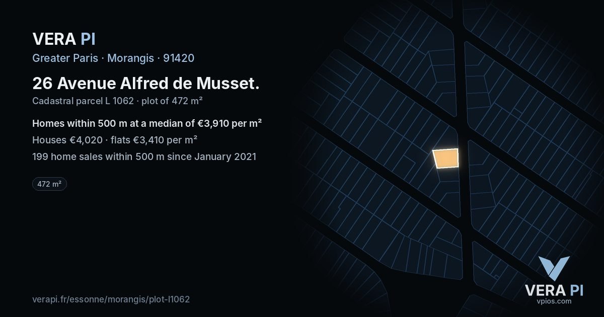 26 Avenue Alfred de Musset, Morangis at night – the plot lit, the parcels around coloured by the prices near them