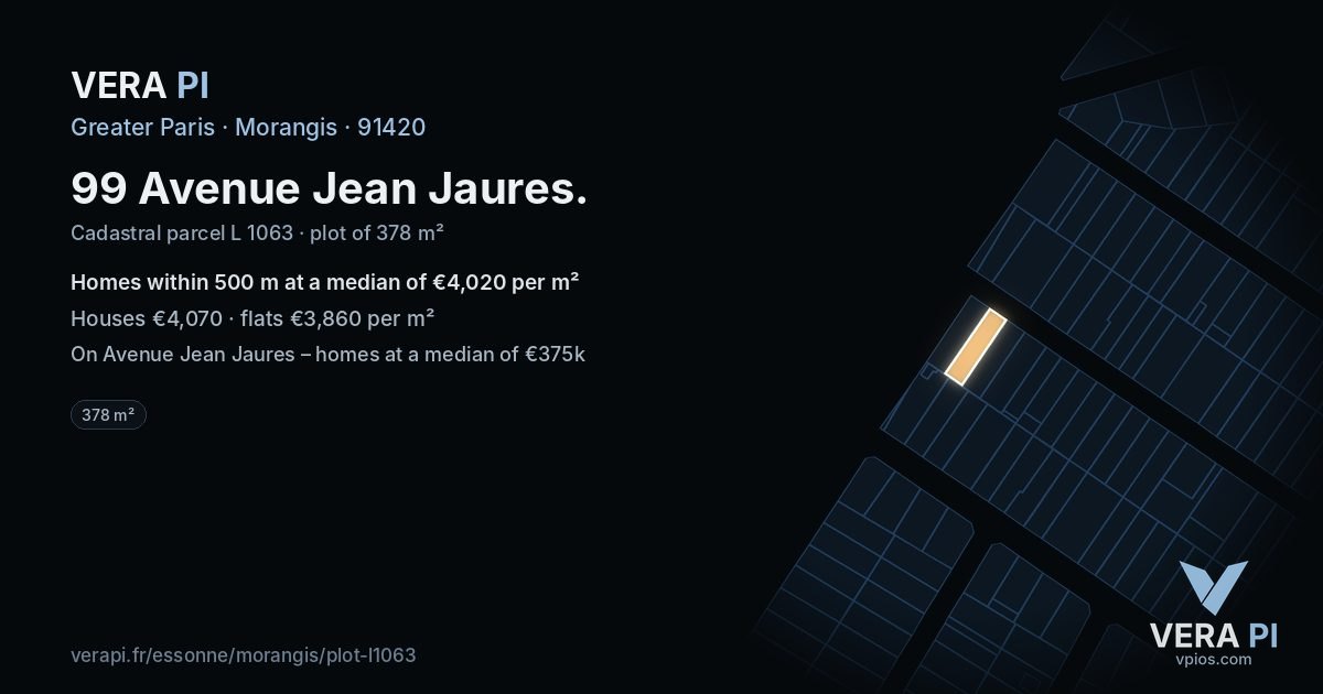 99 Avenue Jean Jaures, Morangis at night – the plot lit, the parcels around coloured by the prices near them