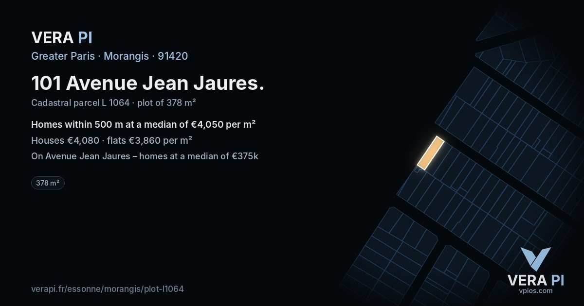 101 Avenue Jean Jaures, Morangis at night – the plot lit, the parcels around coloured by the prices near them