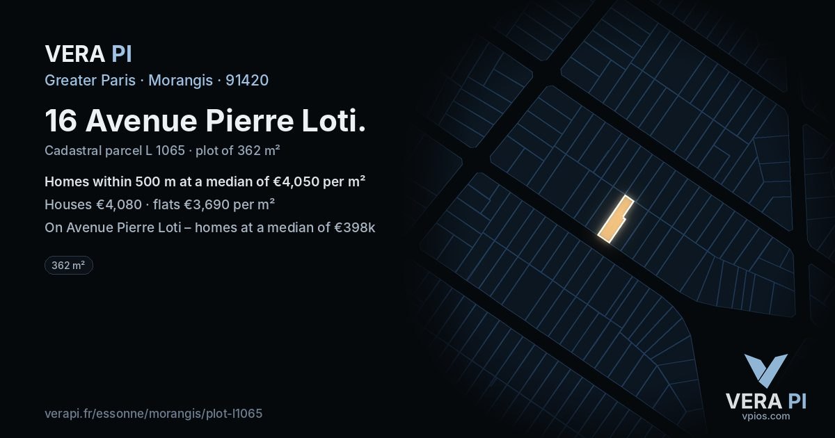 16 Avenue Pierre Loti, Morangis at night – the plot lit, the parcels around coloured by the prices near them