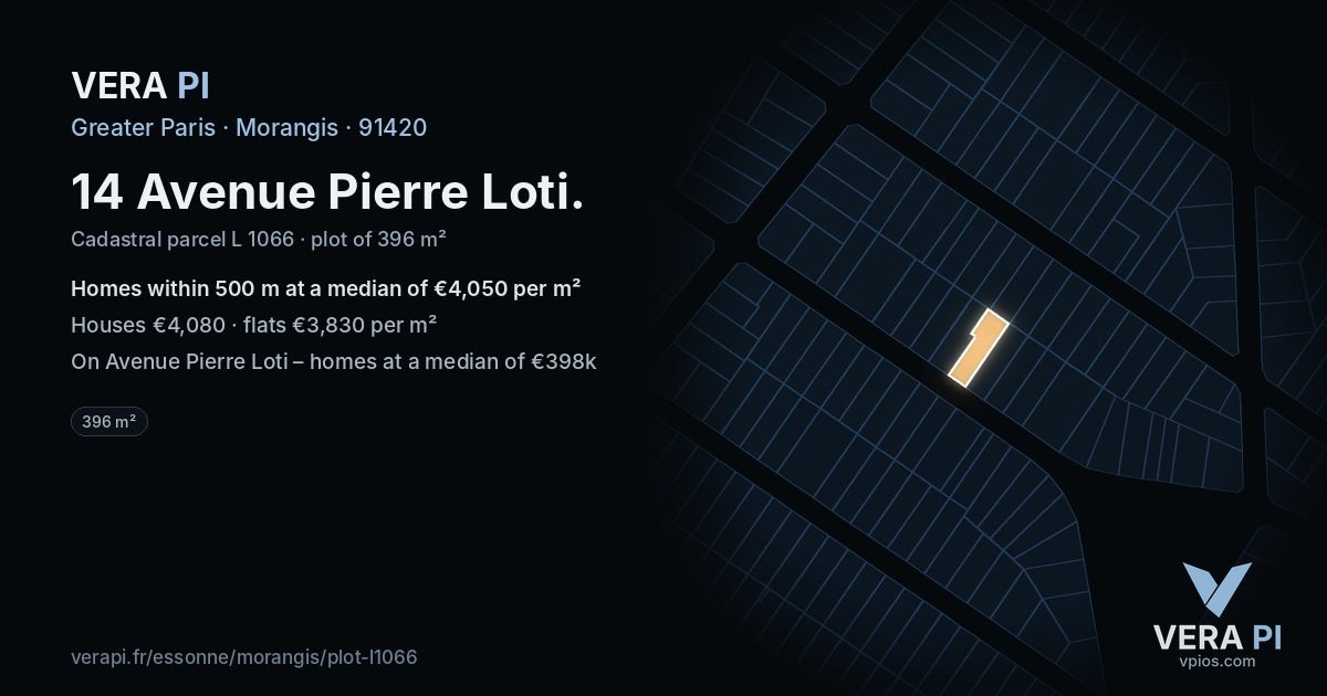 14 Avenue Pierre Loti, Morangis at night – the plot lit, the parcels around coloured by the prices near them