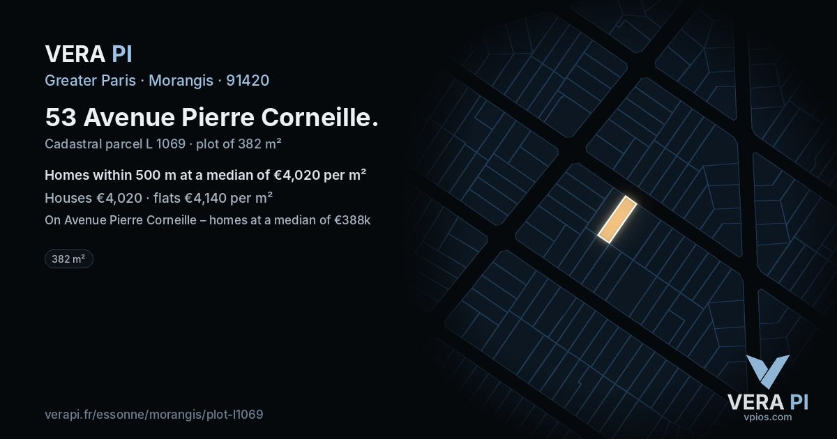 53 Avenue Pierre Corneille, Morangis at night – the plot lit, the parcels around coloured by the prices near them