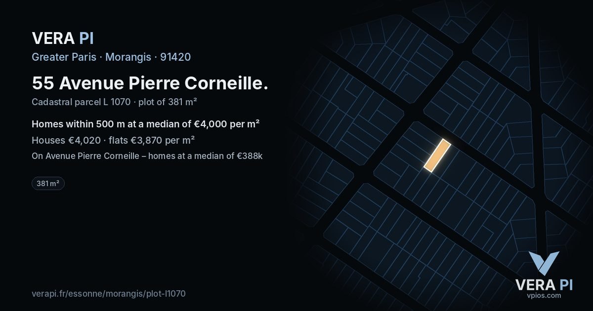 55 Avenue Pierre Corneille, Morangis at night – the plot lit, the parcels around coloured by the prices near them