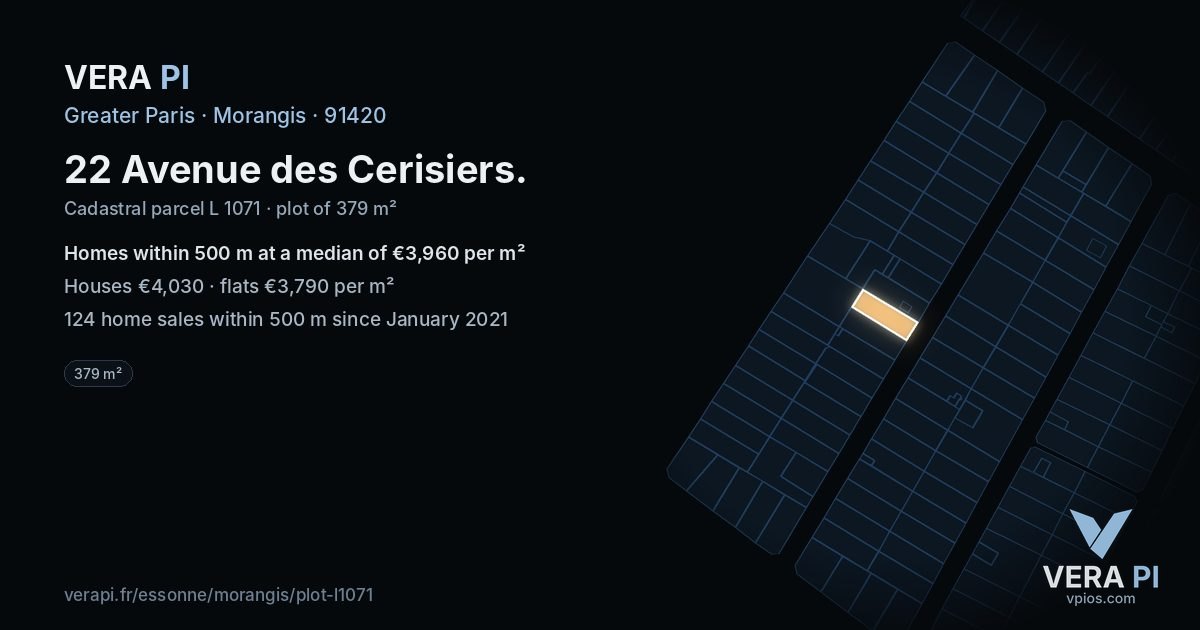 22 Avenue des Cerisiers, Morangis at night – the plot lit, the parcels around coloured by the prices near them