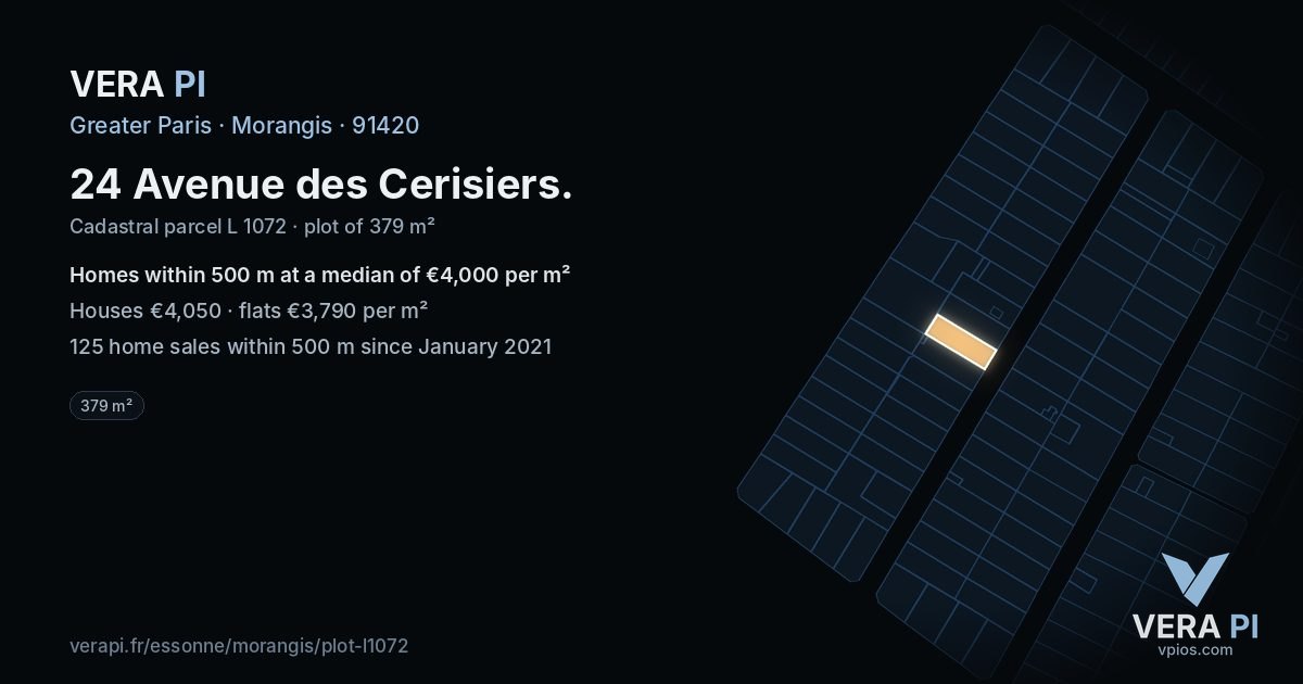 24 Avenue des Cerisiers, Morangis at night – the plot lit, the parcels around coloured by the prices near them