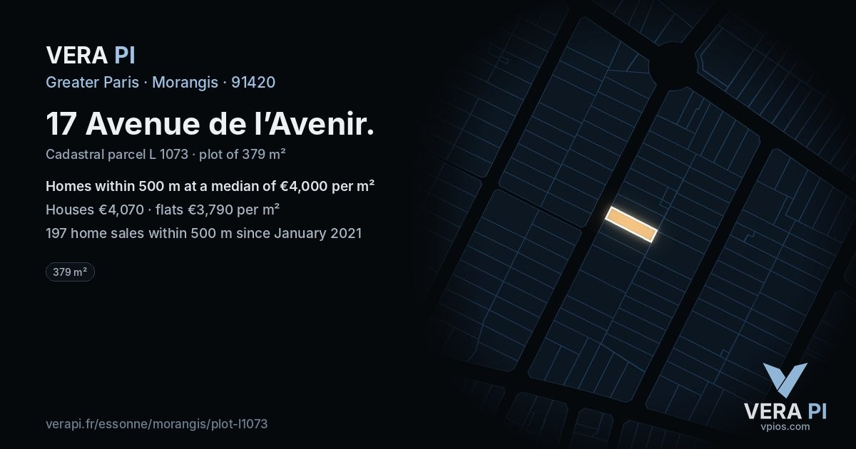 17 Avenue de l’Avenir, Morangis at night – the plot lit, the parcels around coloured by the prices near them