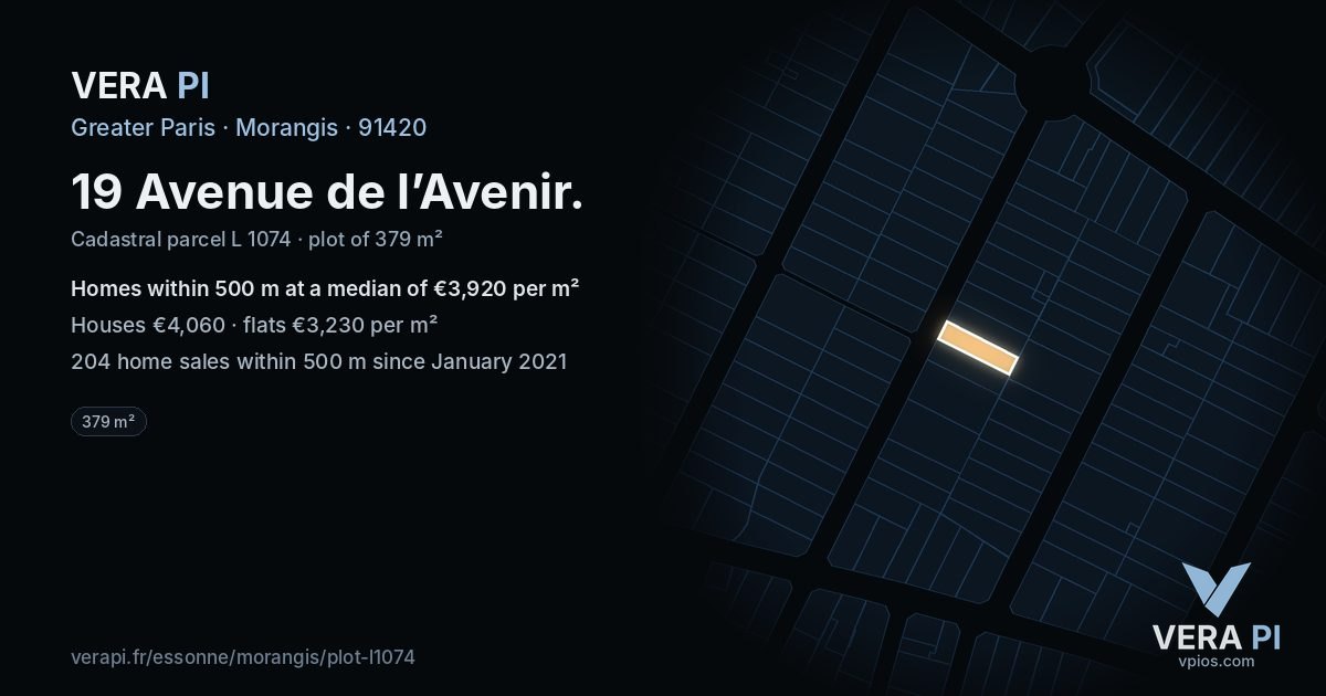 19 Avenue de l’Avenir, Morangis at night – the plot lit, the parcels around coloured by the prices near them