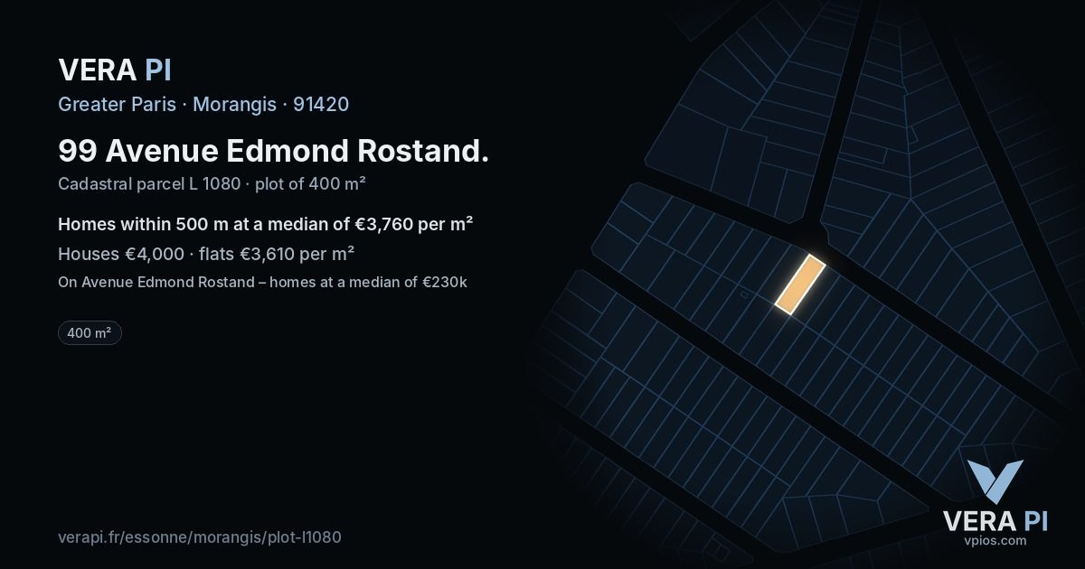 99 Avenue Edmond Rostand, Morangis at night – the plot lit, the parcels around coloured by the prices near them