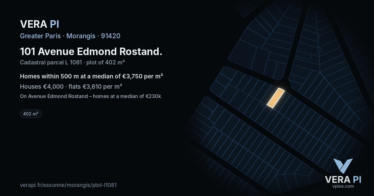 101 Avenue Edmond Rostand, Morangis at night – the plot lit, the parcels around coloured by the prices near them